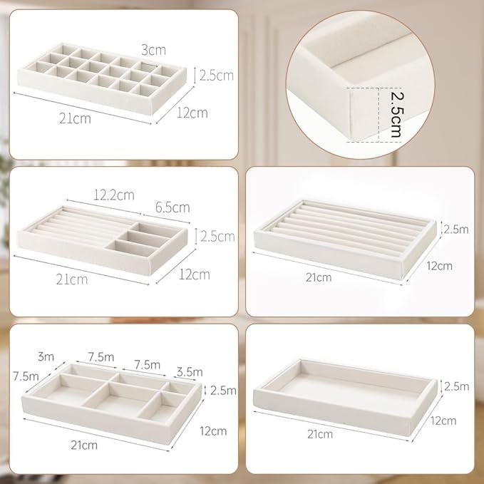 10 Pack Jewelry Organizer Tray Drawer Inserts Stackable Velvet Liner Dividers Customizable Jewellery Box Foam Ring Earring Holder Necklace Bracelet Storage Display Dish Flat in Dresser Vanity