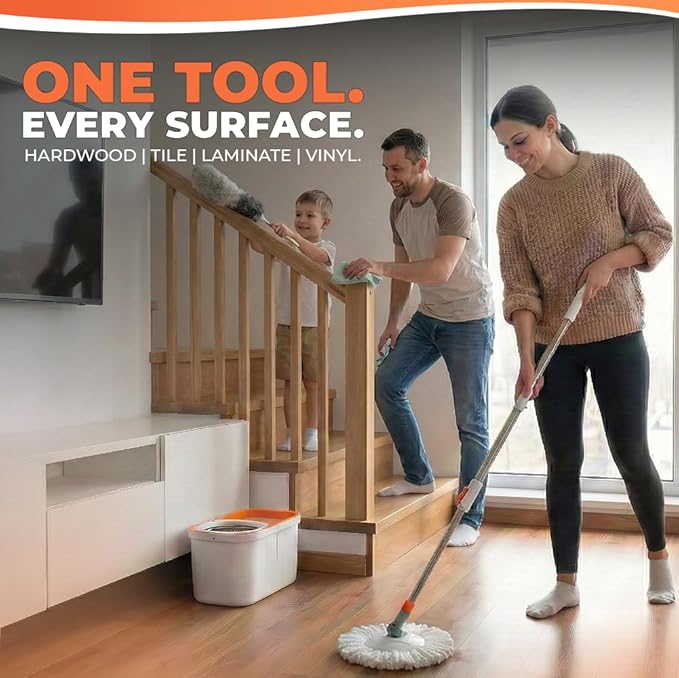 Grazie Spin Mop & Bucket Set - 360° Self-Wringing System, Stainless Steel Handle - Hands-Free Floor Cleaning for Hardwood, Tile, Laminate - Includes 2 Washable Microfiber Mop Head Refills