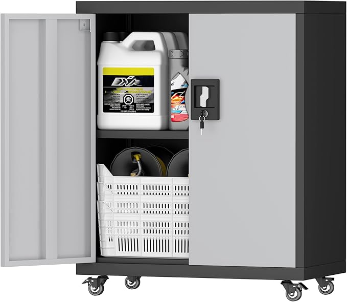 31.5''H Metal Storage Cabinet with Wheels, Garage Tool Storage Cabinets with Lock, Lockable Steel Rolling Tool Chest with Doors & Adjustable Shelves for Garage, Home, Office