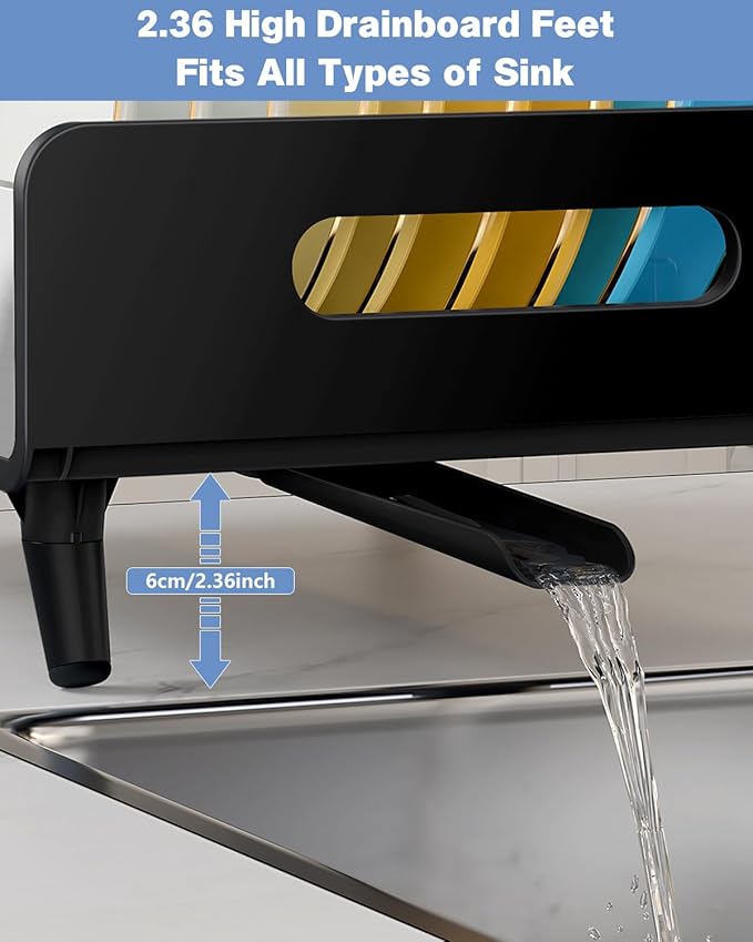 LIONONLY Dish Drying Rack, Thicker Premium Aluminum Frame and 304 Stainless Steel Plate Rack for Kitchen Counter, Automatic Drainage Spout, Dish Drainer & Drainboard Set with Utensil Holder, Black
