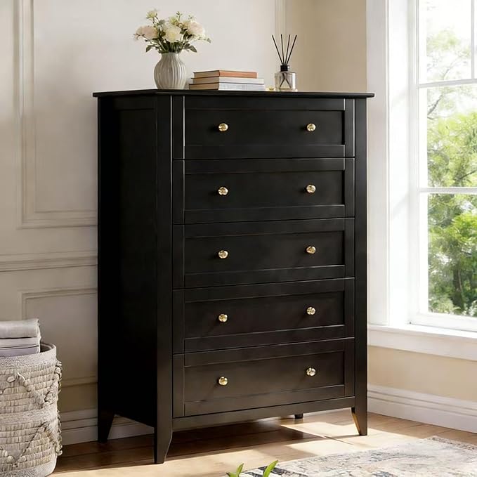 Modern 5 Drawers Dresser for Bedroom, Tall Wood Chest of Drawers for Clothes, Big Storage Dressers Organizer with Gold Handles & Deep Drawers, Living Room, Closet, Hallway, Black