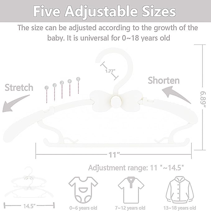 Baby Hangers 30 Pack, 11-14.5" Adjustable Kid Clothes Hangers for Newborn Closet, Plastic Non-Slip Small Infant Hanger for Toddler Pant, Child Coat Percha for Boy Nursery Clothing, Girl Dresses, White