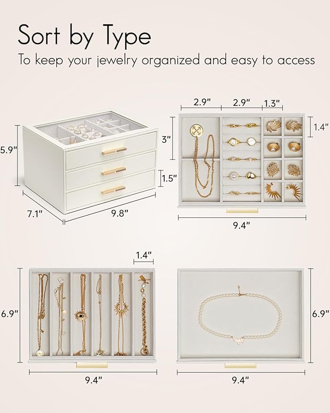 Vlando Jewelry Box for Women Girls,Jewelry Organzier,3 Drawers,Glass Lid Jewelry Organizer Storage for Gem Diamond Necklaces Rings Earrings Bracelets White