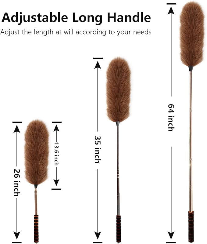 iHUFeather Lambs Wool Extendable Household Cleaning Duster 64" Wall Duster Cleaner with Stainless Steel Long Handle and Extension Pole for Cleaning High Ceiling Fan Interior Roof, Brown