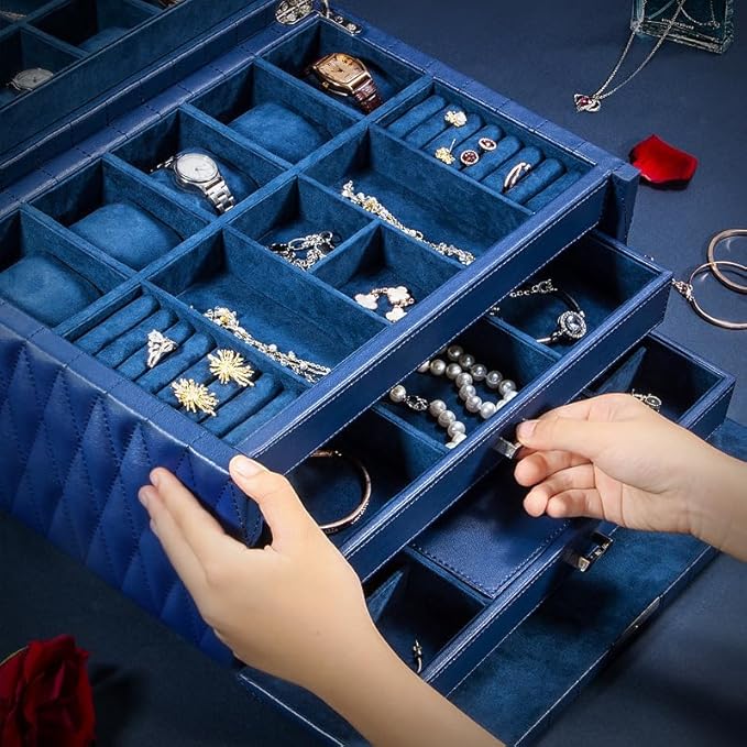 Genuine Leather Jewelry Box – 3 Layer Large Jewelry Organizer with Mirror, Lockable Jewelry Box for Women – Necklace, Ring, Earring Organizer with Drawer - Valentine's Day Gifts(Blue)