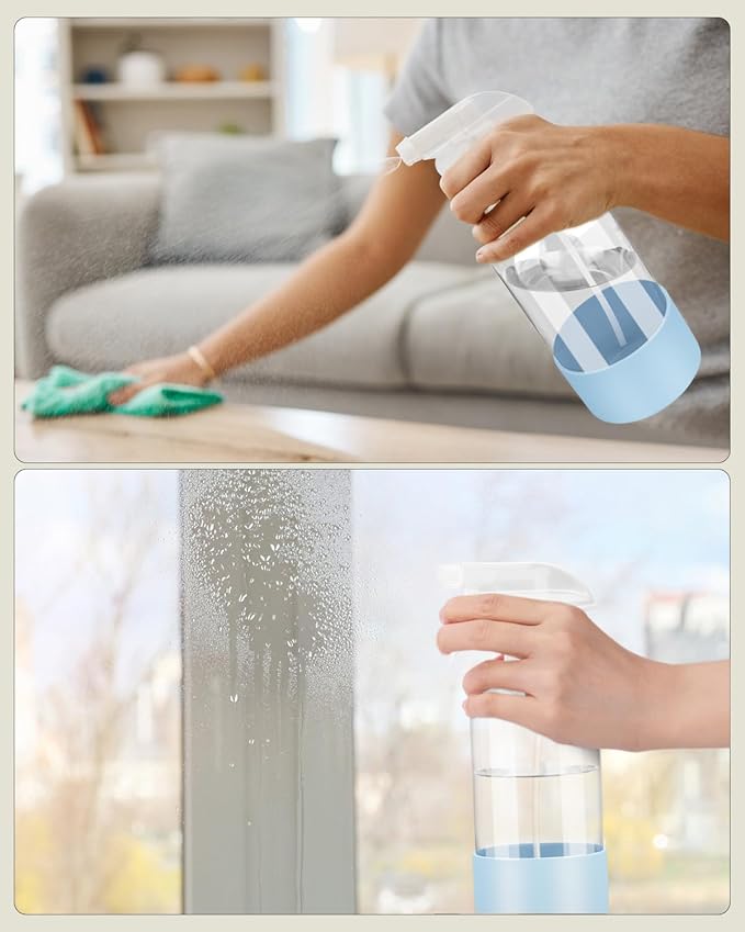 Worldgsb 2 Pack Glass Spray Bottles 8 oz, Empty Refillable Containers with Silicone Sleeve Protection, Glass Spray Bottles for Cleaning Solutions, Hair and Plants with Adjustable Nozzles Blue&Grey