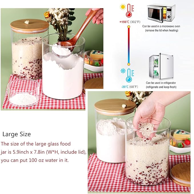CZFWin Glass Flour Container with Airtight Bamboo Lid, Large Glass Food Jar with Wooden Lid for Storage Flour, Sugar, Cookies, Rice, Coffee Beans and etc (3L)
