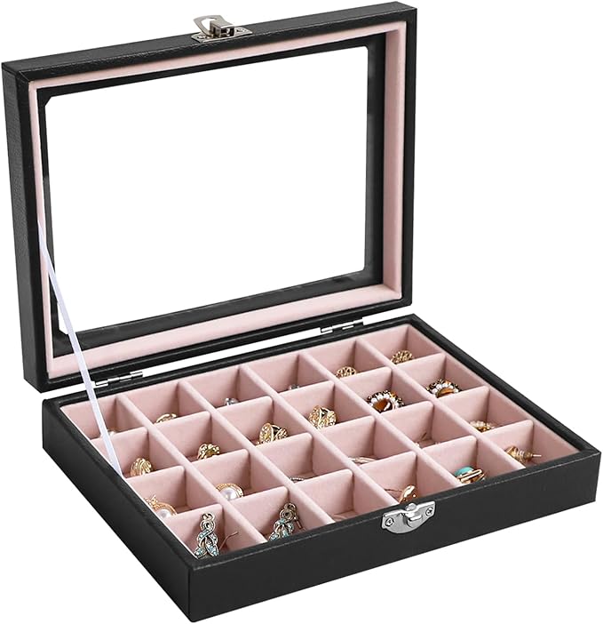 Wudygirl Small Jewelry Box 24 Grid Jewelry Organizer Velvet Jewelry Tray with Clear Lid Earring Holder Organizer Ring Holder Ring Display for Women Jewelry Display Case Drawer Inserts (Pink)