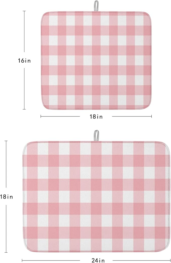 Pink Buffalo Plaid Dish Drying Mat for Kitchen Counter Valentine's Day Drying Pad Absorbent Drying Mats for Countertops Sinks Draining Racks Check Drainer Valentines Holiday Decorations 16x18 Inch