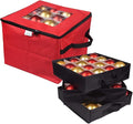 ProPik Christmas Ornament Storage Box, Organizer Holds Up to 48 Xmas Balls with 3 Separate Removable Trays, Container has Dividers to Organize Holiday Tree Ornaments (Red)