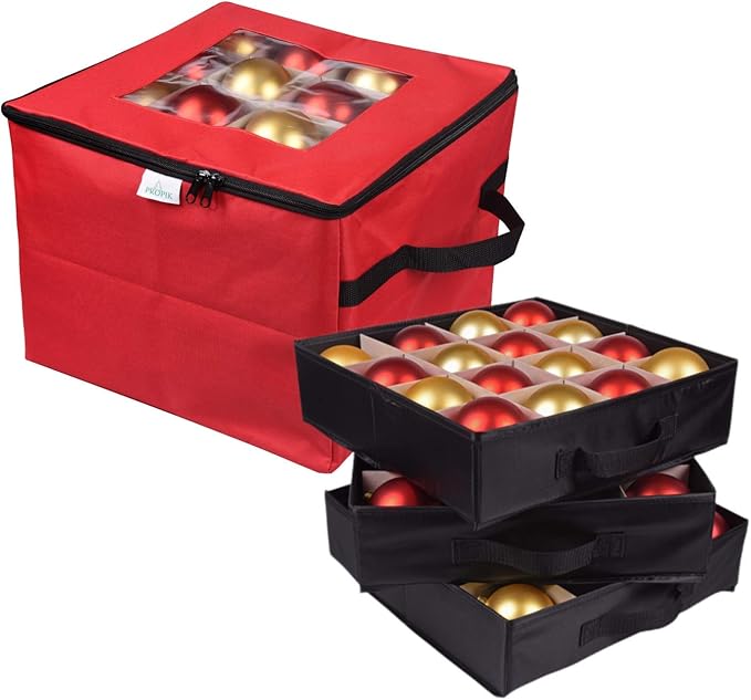 ProPik Christmas Ornament Storage Box, Organizer Holds Up to 48 Xmas Balls with 3 Separate Removable Trays, Container has Dividers to Organize Holiday Tree Ornaments (Red)