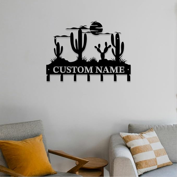 Personalized Custom Name Cactus Wall Keys Hooks,Metal Cactus Art Clothes Hooks,Metal Cactus Lover Wall Home Storage Decorative,For Front Door, Hallway, Kitchen, Bedroom,Keys,Hats (Style C)