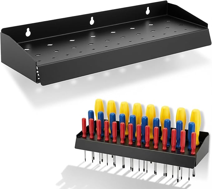 kenaeooe 30 Pcs Screwdriver Organizer, Heavy Duty Black Metal Wall Mount Storage Rack with 32 Holes for Tools, Hand Tool Holder for Garage, Workshop, Home and Shed, 16.57 Inch