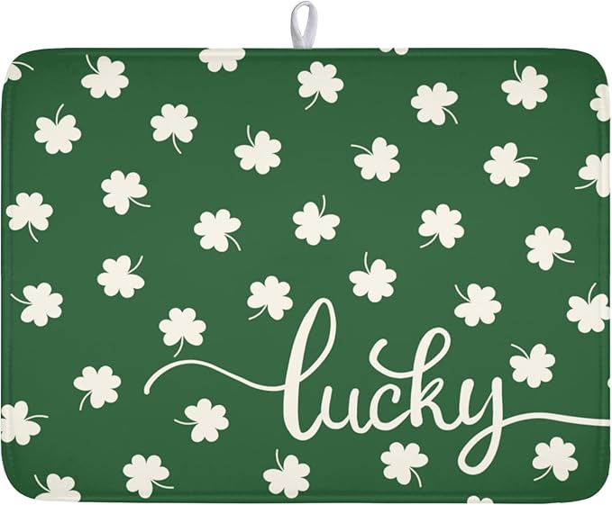 Wnoesat St Patricks Day Lucky Clover Dish Drying Mats for Kitchen Counter Green White Shamrock Dish Drying Pad St Patrick Microfiber Absorbent Reusable Washable Large Dishes Drying Mat 18x24 Inch