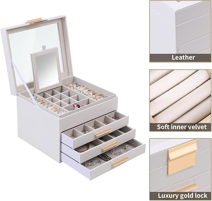BOOVO Clear Lid Jewelry Box,4 Layers Jewelry Organizer Large Jewelry Storage Box with 3 Drawers,Jewelry Holder Organzier of Rings Earrings Necklace Bracelets for Women (White, 4 Layer)