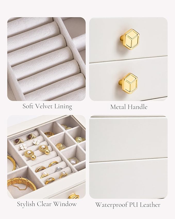 CASEGRACE Jewelry Box for Women with Glass Lid - Leather Jewelry Storage Organizer 2 Drawers for Necklaces, Rings, Earrings & Bracelets, Ideal Gift (White, 2 Layer)