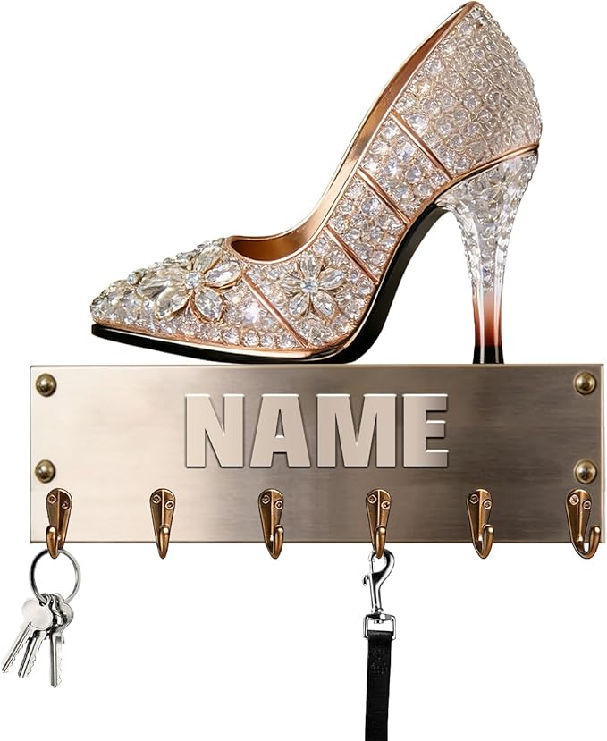 Personalized Wooden 2D Flat Print High-Heeled Shoe Wall Mounted Hook for Women Girl Family Friends Custom Name Key Storage Holder High-Heeled Shoe Coat Rack Home Dexor Gift for Living Room Hallway