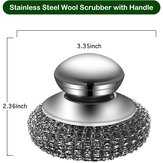 Steel Wool Scrubber with 2 Handles & 3 Replacement Wire Sponge(Scouring Pads) - Stainless Metal Cleaner Heavy Duty Brush for Pots, Pans, Cast Iron, Grill, Sink, Dishes, Stove, Kitchen Deep Clean
