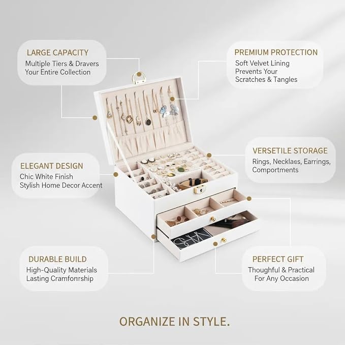 3 Layer Jewelry Box, Jewelry Holder Organizer with Jewelry Organizer Drawer, Large Jewelry Boxes & Organizer with Velvet Earring Organizer, Lockable Jewelry Holder, Unique Gifts for Women Mom (White)