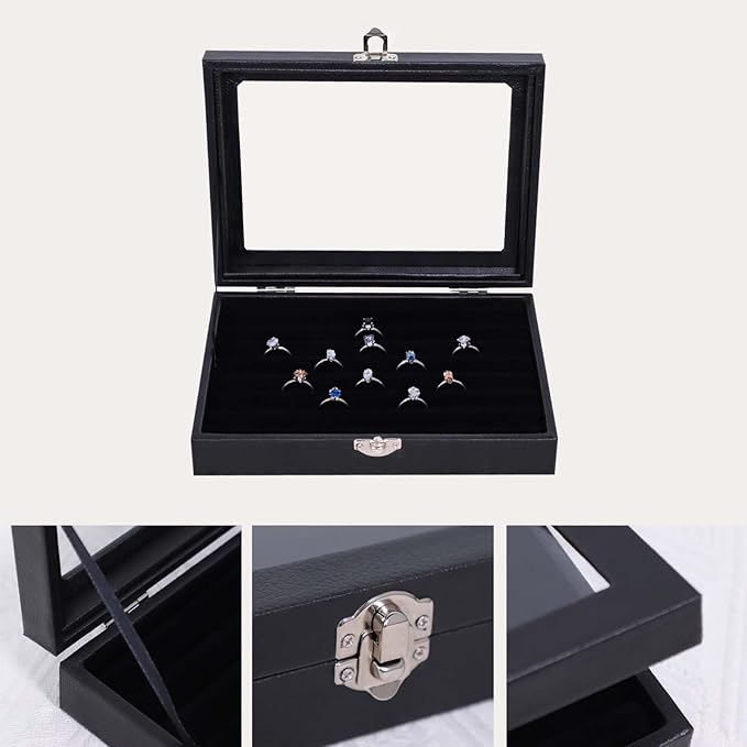 Stratalife Ring Organizer Jewelry Box Leather Jewelry Display Case with Clear Glass Top Ring Holder Gift for Women Black