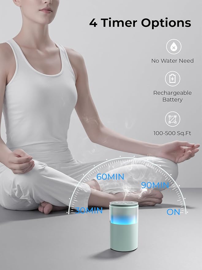 Waterless Diffuser for Essential Oil: Mini Battery Scent Diffuser for Room&Home&Car with 9 Colors LED Light - Aroma Cool Mist Machine Light Cyan