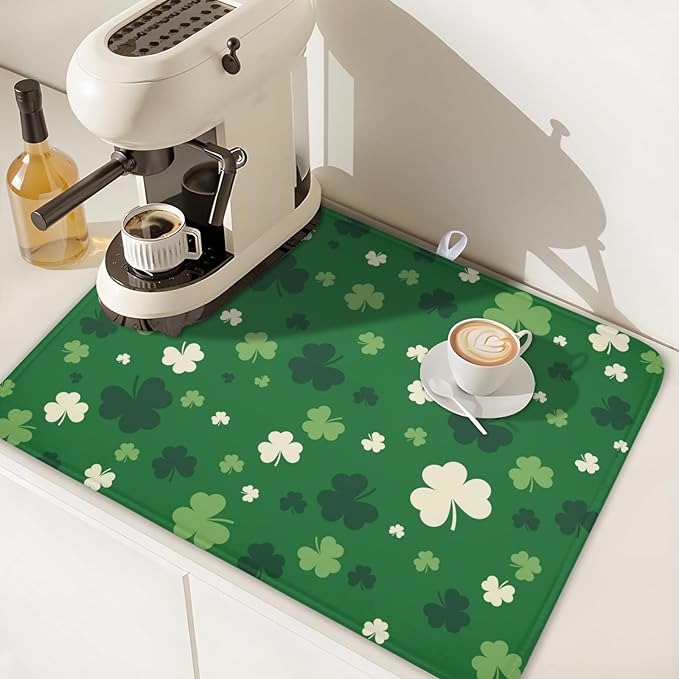 Wnoesat Green Shamrock St. Patrick's Day Dish Drying Mat for Kitchen Counter Lucky Clover large Dish Drying Pad Absorbent Reversible Microfiber Draining Pad Washable Drying Mats 18x24 Inch
