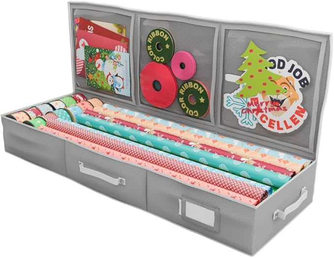 Primode Wrapping Paper Storage Container | Gift Wrap Organizer Under Bed 41”x14”x6” Box Holder for 18-24 Rolls Up to 40” | 600D Oxford Material | Pockets for Ribbon Bows (Grey)
