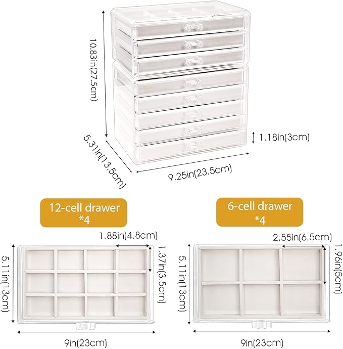 ProCase Earring Holder Organizer Jewelry Box with 8 Drawers, Acrylic Clear Earring Case with Adjustable Velvet Trays for Women - Warmwhite,8 Layers