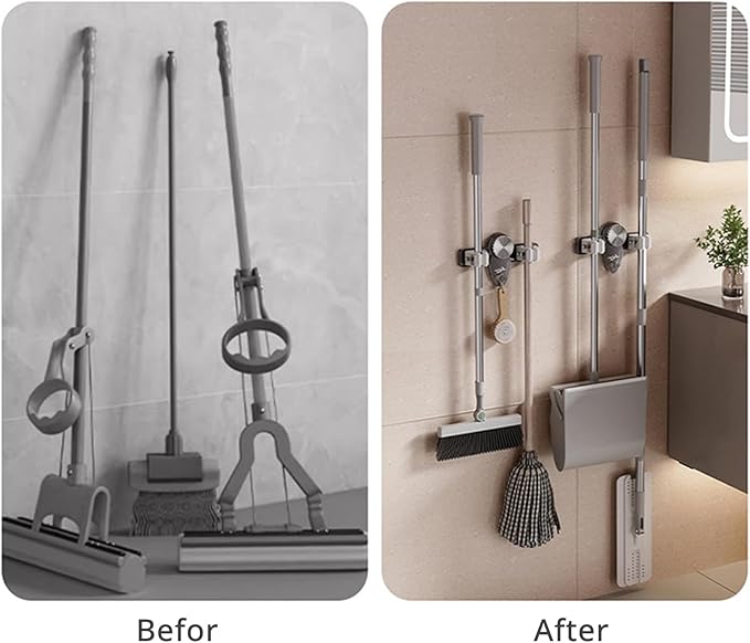 Adjustable Suction Cup Broom Holder & Mop Hanger No Drill Wall Mount Rack for Bathroom, Kitchen, Garage Storage Space-Saving Removable Organizer for Tools & Household Accessories