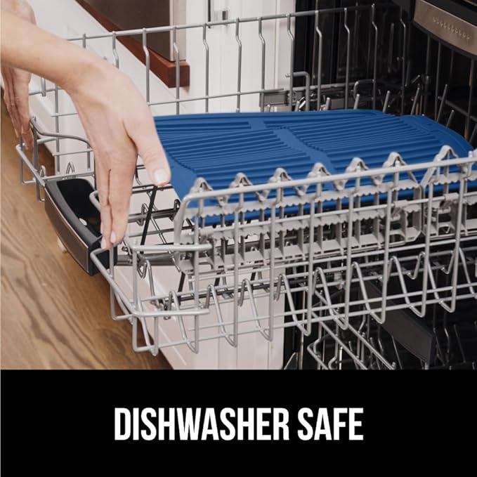 GORILLA GRIP 100% BPA-Free Patented Silicone Dish Drying Mat for Kitchen Counter, Water Catching Ribbed Design, Easy Clean Waterproof Sink Liner, Heat Resistant, Fits Under Rack, 12x16 Inch, Blue