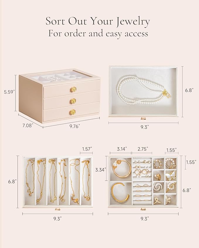 CASEGRACE Jewelry Box for Women with Glass Lid - Leather Jewelry Storage Organizer 3 Drawers for Necklaces, Rings, Earrings & Bracelets, Ideal Gift (Pink, 3 Layer)