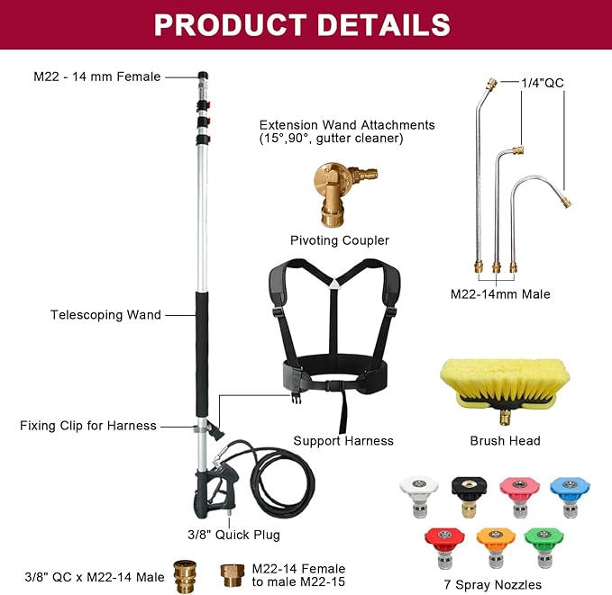 Carivia 24 FT Telescoping Pressure Washer Wand with Pressure Washer Extension Wand,Brush Head,Gutter Cleaner Attachment and Support Belt,Pressure Washer Extension Pole for Wall Roof Gutter