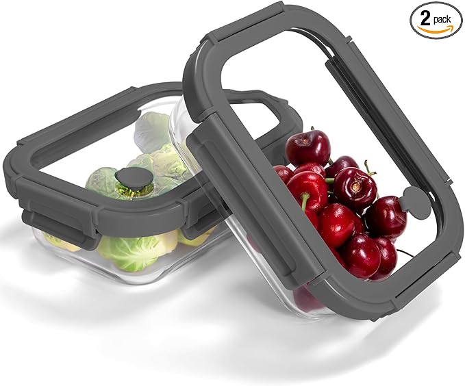BOROHOUSE 2-Pack Glass Food Storage Containers with Tempered Lids (630ml/2.7cup) - Airtight Snap Lock, Microwave & Oven Safe (-4℉~ 950°F), Freezer to Baking Dish, BPA-Free, Gift Box (Gray)