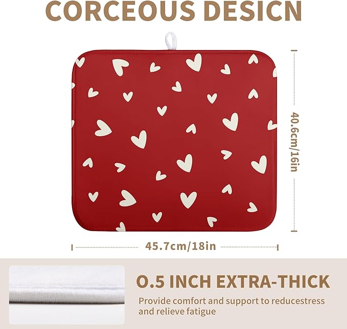 Wnoesat Valentine's Day Love Heart Dish Drying Mat for Kitchen Counter 16x18 Inch Valentine Theme Dish Mats Absorbent Microfiber Dish Draining Mat Reusable Washable Dish Drainer Rack Pad