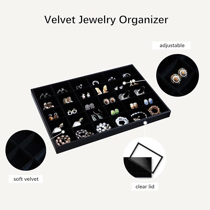 Wudygirl Jewelry Organizer 30 Grid Jewelry Tray with Lid Earring Holder Organizer for Women Ring Earring Bracelet Holder Storage (Pu Black)