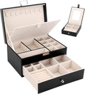 DesignSter Jewelry Organizer Box, 2 Layers Large Jewelry Box with Travel Jewelry Case, Leather Jewelry Storage Case for Rings Earrings Bracelets Necklaces (Black)