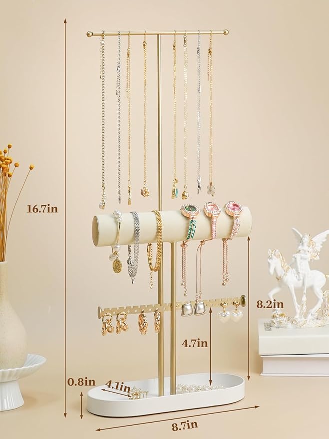 Jenseits 2-Tier Gold Jewelry Organizer Stand with Ring Holder & Tray – Elegant Jewelry Holder Display for Necklaces, Bracelets, Earrings, Rings, and Watches – Perfect Storage Rack & Gift for Women