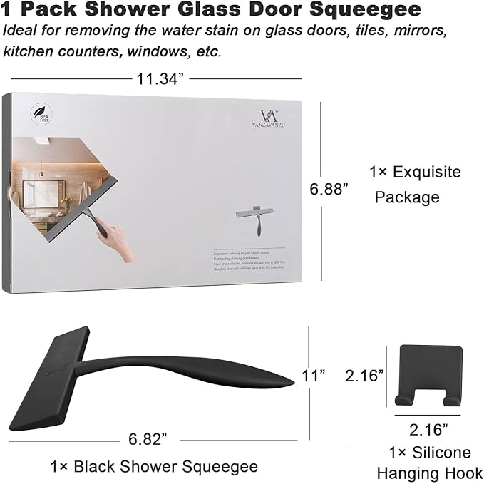 Shower Squeegee for Glass Doors, 11-Inch Silicone Squeegee with Non-Slip Handle and Adhesive Hook for Bathroom, Mirror, Tile, Car Window (Black)