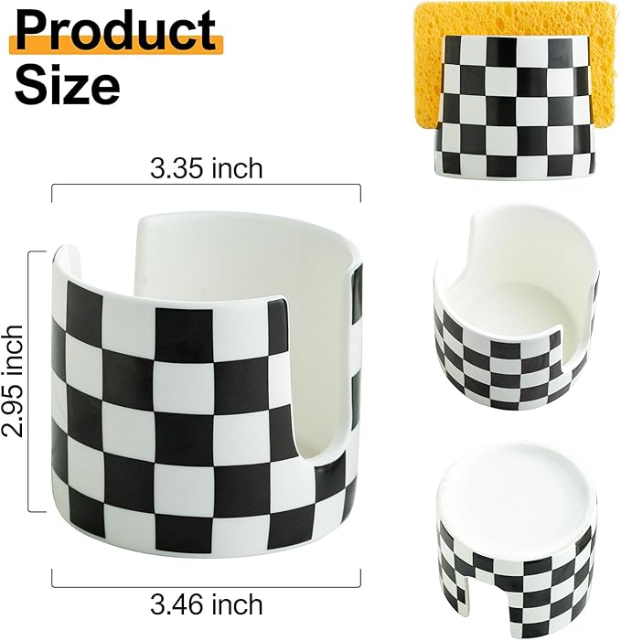Zoeeker Checkered Kitchen Sink Sponge Holder, Dish Sponge Rack Ceramic Brush Holder Farmhouse Kitchen Dish Rack for Brush, Scrubbers, Bathroom, Sink, Black and White