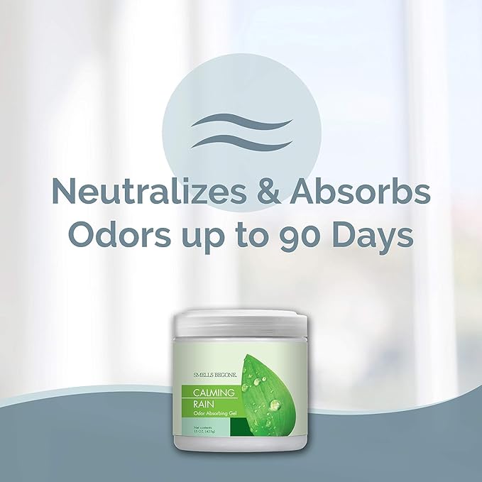 SMELLS BEGONE 15oz Gel Odor Eliminator - Absorb & Remove Tough Odors in Pet Areas, Bathrooms, Basements, Garage, Cars, RVs & Boats - Eliminate Odors Quickly (6-Pack, Calming Rain)