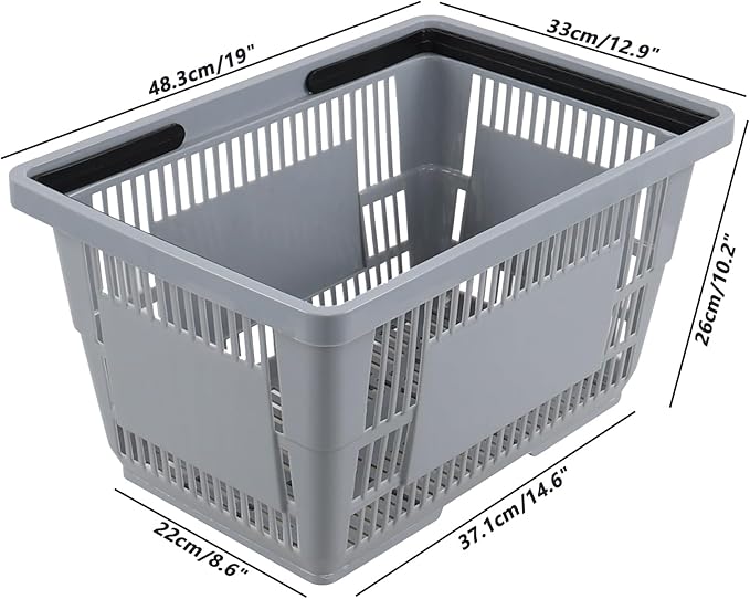 Set of 6 Plastic Shopping Basket with Handles, 28 L Plastic Grocery Baskets, Gray