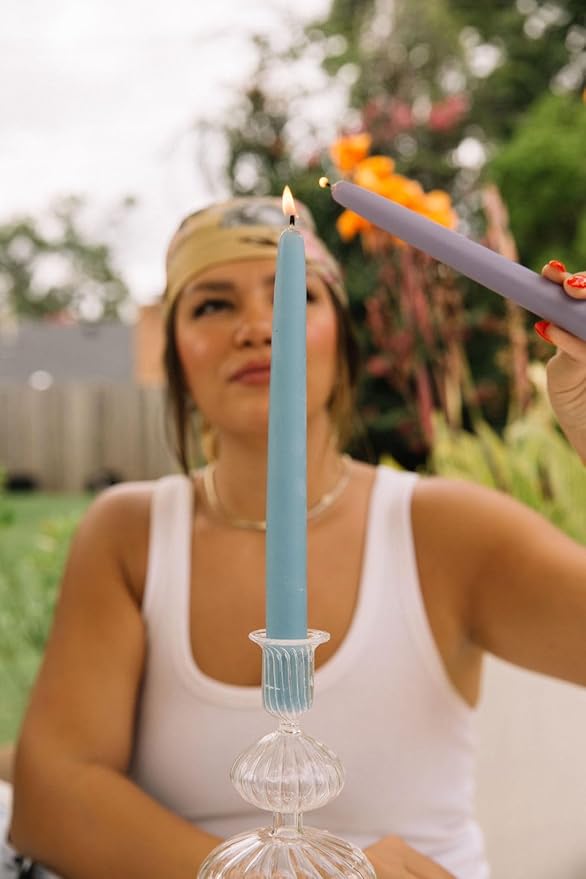 Bluecorn Beeswax Taper Candles, 100% Pure Natural Bees Wax, 10 Inch Pair, Sky Blue Candlesticks, Unscented, Clean Burning & Dripless, Long Lasting, Thanksgiving & Christmas Decor, American Made, 1 Ct