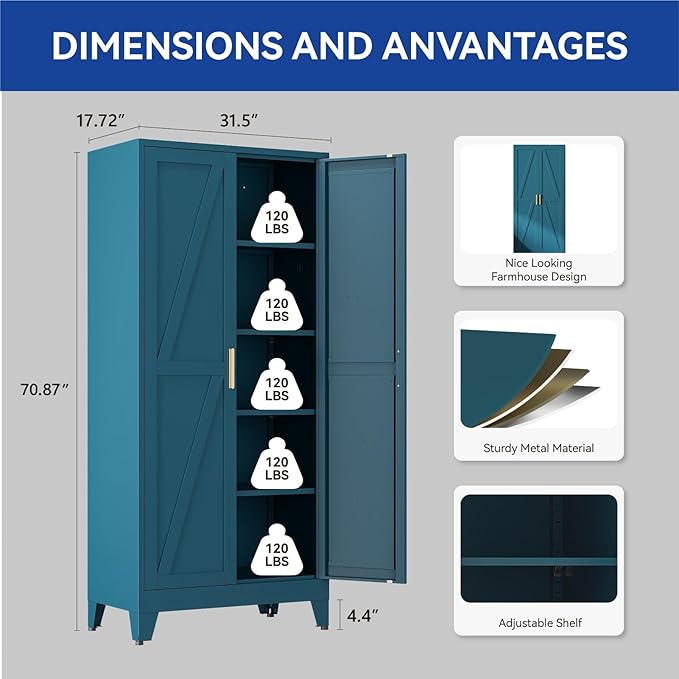 COFaR 71'' Tall Wardrobe Closet with Doors, Metal Bedroom Armoire with Adjustable Hanging Rod and Shelves, Farmhouse Broom Closet Storage Cabinet for Garage Laundry Office, Peacock Blue