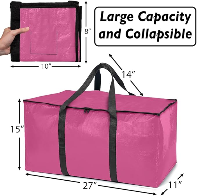 ClearSpace Heavy Duty Moving Bags or Storage Bags – Pink Storage Bins with Lids, Large Moving Boxes with Backpack Straps & Zippers,– Packing Box & Moving Supplies for College Dorm, 6 Pack