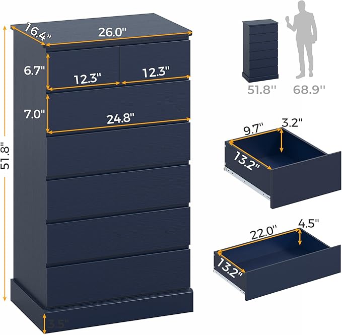 Hasuit Tall Dresser with 7 Drawers for Bedroom, 51.8'' High Chest of Drawers Storage Organizer for Closet, Modern Taller Clothes Storage Tower with Ample Storage Space, Navy Blue