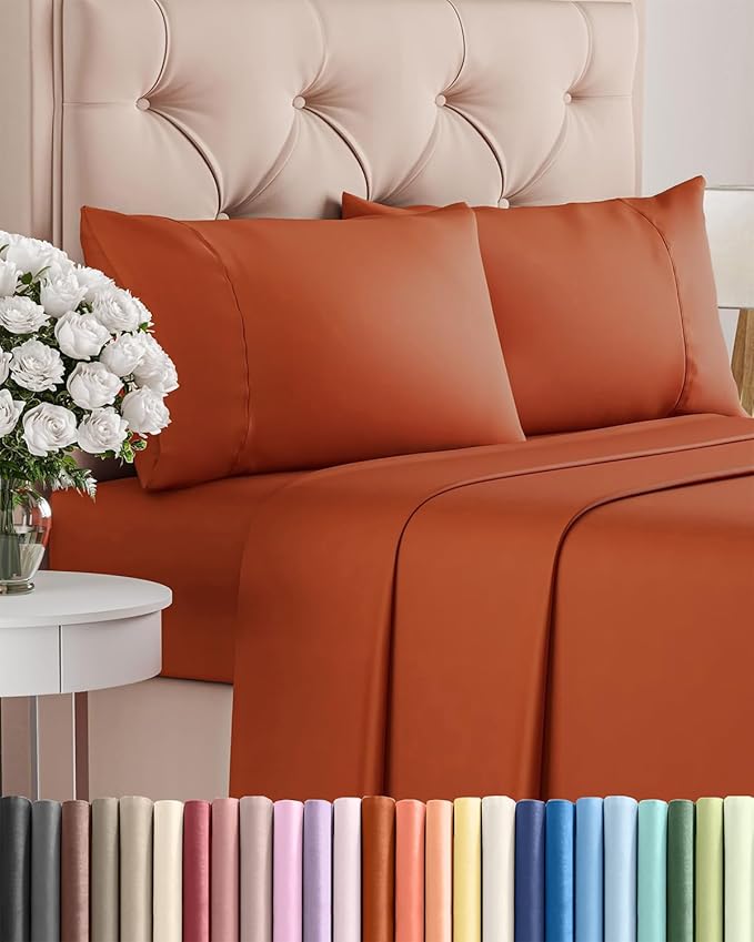 Twin XL 4 Piece Sheet Set - Comfy Breathable & Cooling - Ultra Soft Hotel Luxury Bedding Set w/ 8-16 Inch Deep Pockets - 1 Flat & 1 Fitted Sheet & 2 Pillowcases - Wrinkle Free & Easy Care - Terracotta