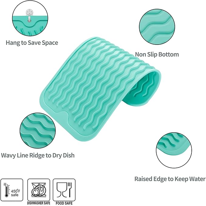 MicoYang Silicone Dish Drying Mat for Multiple Usage,Easy clean,Eco-friendly,Heat-resistant Silicone Mat for Kitchen Counter or Sink,Refrigerator or Drawer Liner Mint S 12 inches x 6 inches