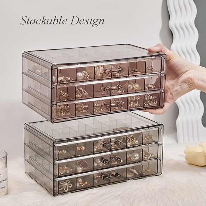Earring Storage Box Organizer 3 Drawers Acrylic Jewelry Storage Box Holder Transparent Jewelry Display Stand with 72 Small Compartments Gift for Women Girls (Clear Black)