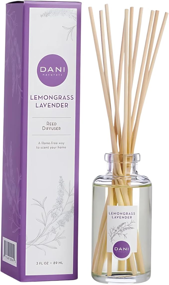 DANI Naturals Reed Diffuser Set - Calming Lavender Lemongrass Scent - Aromatherapy Essential Oils - Alcohol-Free, Non-Toxic - 10 Sticks - 3.5 oz