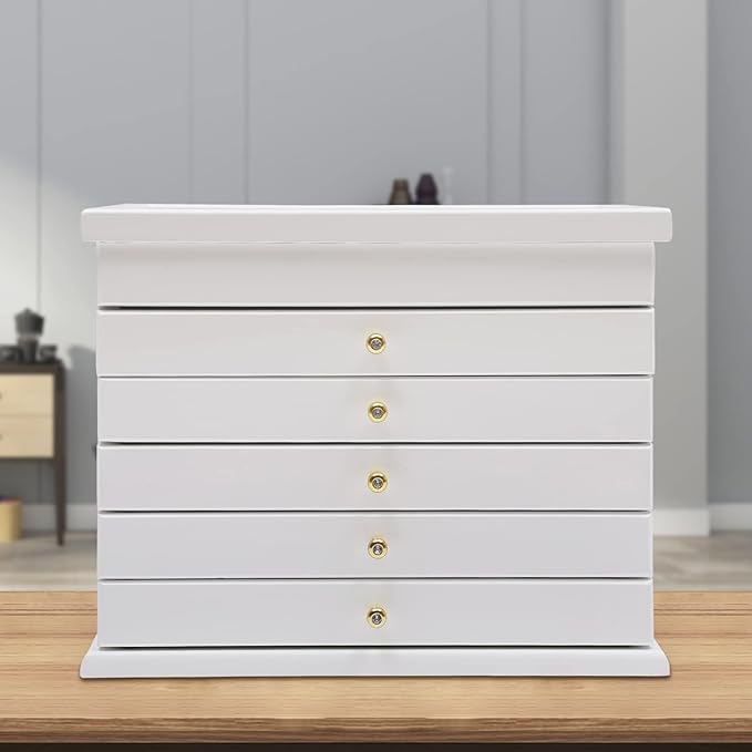Wood Jewelry Box 6-Tier Large Jewelry Organizer Cabinet with 5 Drawers Women Girls Storage Display Case for Necklace Rings Earrings Accessories, with Mirror and Lock (Without Mirror-white)